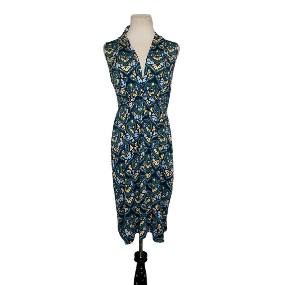 Vera Fishbaugh green blue sleeveless v neck floral print dress size Medium